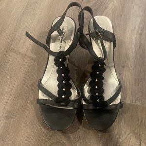 Cute , Black sandals with cork wedges.